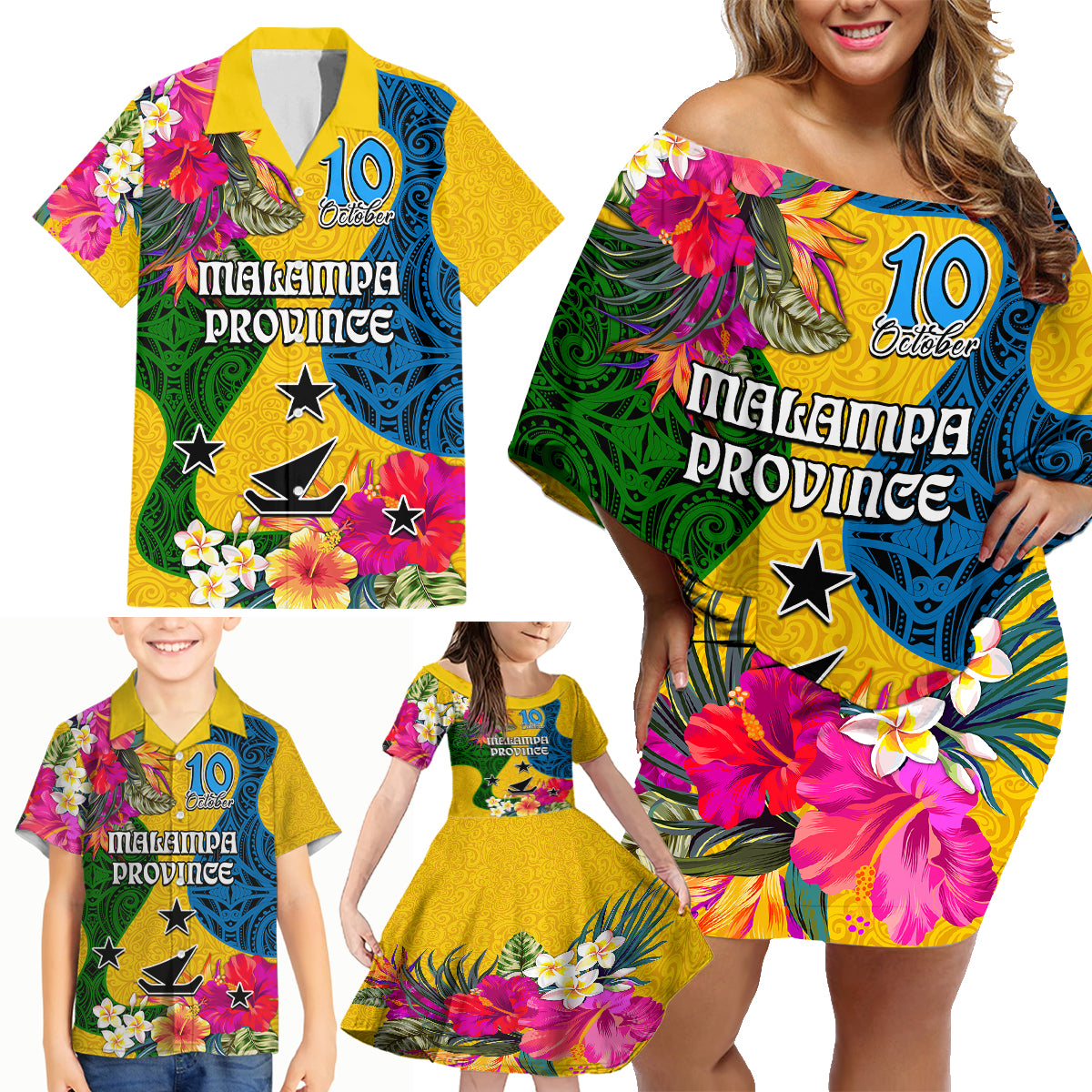 Personalised Malampa Day Family Matching Off Shoulder Short Dress and Hawaiian Shirt Proud To Be A Ni-Van Beauty Pacific Flower LT03 Yellow - Polynesian Pride