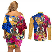 Torba Day Couples Matching Off Shoulder Short Dress and Long Sleeve Button Shirts Proud To Be A Ni-Van Beauty Pacific Flower LT03 - Polynesian Pride