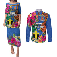 Tafea Day Couples Matching Puletasi Dress and Long Sleeve Button Shirts Proud To Be A Ni-Van Beauty Pacific Flower LT03 Blue - Polynesian Pride