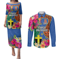 Personalised Tafea Day Couples Matching Puletasi Dress and Long Sleeve Button Shirts Proud To Be A Ni-Van Beauty Pacific Flower LT03 Blue - Polynesian Pride