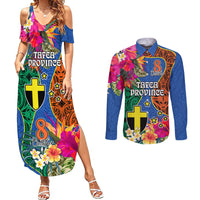 Personalised Tafea Day Couples Matching Summer Maxi Dress and Long Sleeve Button Shirts Proud To Be A Ni-Van Beauty Pacific Flower LT03 Blue - Polynesian Pride