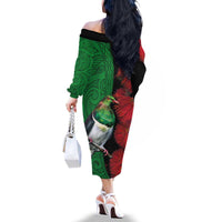 New Zealand Kereru And Pohutukawa Family Matching Off The Shoulder Long Sleeve Dress and Hawaiian Shirt Maori Tribal Tattoo