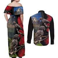 New Zealand Kea And Pohutukawa Couples Matching Off Shoulder Maxi Dress and Long Sleeve Button Shirt With The Mountain Landscape