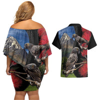 New Zealand Kea And Pohutukawa Couples Matching Off Shoulder Short Dress and Hawaiian Shirt With The Mountain Landscape