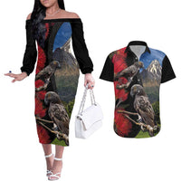 New Zealand Kea And Pohutukawa Couples Matching Off The Shoulder Long Sleeve Dress and Hawaiian Shirt With The Mountain Landscape