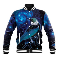 New Zealand Tui Bird Baseball Jacket The Pleiades Star Cluster and Koru Tribal Tattoo Galaxy Vibe