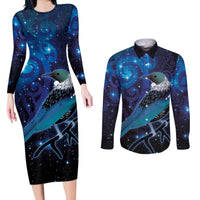 New Zealand Tui Bird Couples Matching Long Sleeve Bodycon Dress and Long Sleeve Button Shirt The Pleiades Star Cluster and Koru Tribal Tattoo Galaxy Vibe