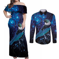 New Zealand Tui Bird Couples Matching Off Shoulder Maxi Dress and Long Sleeve Button Shirt The Pleiades Star Cluster and Koru Tribal Tattoo Galaxy Vibe