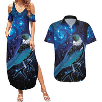 New Zealand Tui Bird Couples Matching Summer Maxi Dress and Hawaiian Shirt The Pleiades Star Cluster and Koru Tribal Tattoo Galaxy Vibe