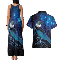 New Zealand Tui Bird Couples Matching Tank Maxi Dress and Hawaiian Shirt The Pleiades Star Cluster and Koru Tribal Tattoo Galaxy Vibe