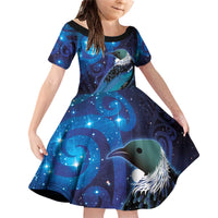 New Zealand Tui Bird Family Matching Off Shoulder Short Dress and Hawaiian Shirt The Pleiades Star Cluster and Koru Tribal Tattoo Galaxy Vibe