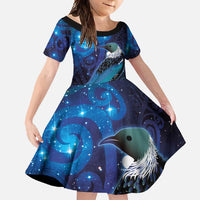 New Zealand Tui Bird Family Matching Short Sleeve Bodycon Dress and Hawaiian Shirt The Pleiades Star Cluster and Koru Tribal Tattoo Galaxy Vibe LT03 Daughter's Dress Blue - Polynesian Pride