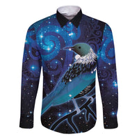 New Zealand Tui Bird Family Matching Short Sleeve Bodycon Dress and Hawaiian Shirt The Pleiades Star Cluster and Koru Tribal Tattoo Galaxy Vibe LT03 Dad's Shirt - Long Sleeve Blue - Polynesian Pride