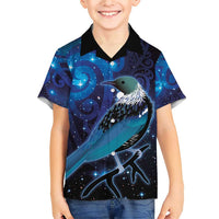 New Zealand Tui Bird Family Matching Short Sleeve Bodycon Dress and Hawaiian Shirt The Pleiades Star Cluster and Koru Tribal Tattoo Galaxy Vibe LT03 Son's Shirt Blue - Polynesian Pride