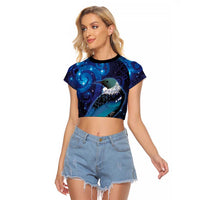New Zealand Tui Bird Raglan Cropped T Shirt The Pleiades Star Cluster and Koru Tribal Tattoo Galaxy Vibe