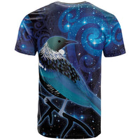 New Zealand Tui Bird T Shirt The Pleiades Star Cluster and Koru Tribal Tattoo Galaxy Vibe