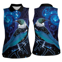 New Zealand Tui Bird Women Sleeveless Polo Shirt The Pleiades Star Cluster and Koru Tribal Tattoo Galaxy Vibe