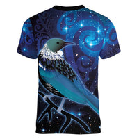 New Zealand Tui Bird Women V-Neck T-Shirt The Pleiades Star Cluster and Koru Tribal Tattoo Galaxy Vibe