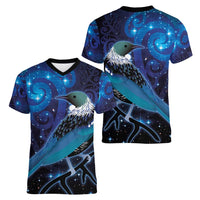 New Zealand Tui Bird Women V-Neck T-Shirt The Pleiades Star Cluster and Koru Tribal Tattoo Galaxy Vibe
