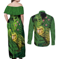 New Zealand Kākāpō Couples Matching Off Shoulder Maxi Dress and Long Sleeve Button Shirt Silver Fern with Close up of Green Fern Leaves and Maori Tattoo