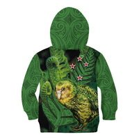 New Zealand Kākāpō Kid Hoodie Silver Fern with Close up of Green Fern Leaves and Maori Tattoo