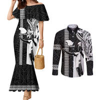 Custom Hawaii Lanai Island Couples Matching Mermaid Dress and Long Sleeve Button Shirts Hawaiian King and Kakau Symbols Abstract Shoulder Tattoo LT03 Black - Polynesian Pride