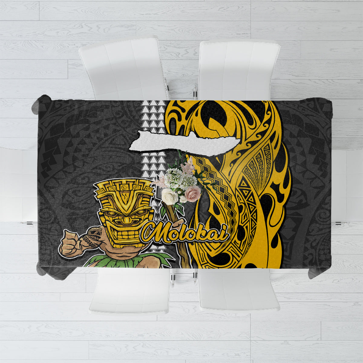 Hawaii Molokai Island Tablecloth Hawaiian Warrior and Kakau Symbols Abstract Tattoo LT03 Yellow - Polynesian Pride