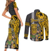 Custom Hawaii Molokai Island Couples Matching Short Sleeve Bodycon Dress and Long Sleeve Button Shirts Hawaiian Warrior and Kakau Symbols Abstract Tattoo LT03 - Polynesian Pride