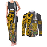 Custom Hawaii Molokai Island Couples Matching Tank Maxi Dress and Long Sleeve Button Shirts Hawaiian Warrior and Kakau Symbols Abstract Tattoo LT03 Yellow - Polynesian Pride