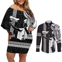 Hawaii Molokai Island Couples Matching Off Shoulder Short Dress and Long Sleeve Button Shirts Hawaiian King and Kakau Symbols Abstract Shoulder Tattoo LT03 Black - Polynesian Pride