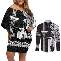 Hawaii Molokai Island Couples Matching Off Shoulder Short Dress and Long Sleeve Button Shirts Hawaiian King and Kakau Symbols Abstract Shoulder Tattoo LT03 Black - Polynesian Pride