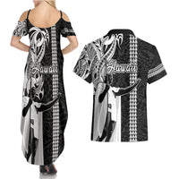 Hawaii Molokai Island Couples Matching Summer Maxi Dress and Hawaiian Shirt Hawaiian King and Kakau Symbols Abstract Shoulder Tattoo LT03 - Polynesian Pride