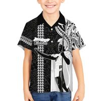 Hawaii Molokai Island Family Matching Off Shoulder Long Sleeve Dress and Hawaiian Shirt Hawaiian King and Kakau Symbols Abstract Shoulder Tattoo LT03 Son's Shirt Black - Polynesian Pride