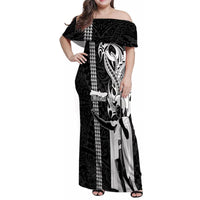 Hawaii Molokai Island Family Matching Off Shoulder Maxi Dress and Hawaiian Shirt Hawaiian King and Kakau Symbols Abstract Shoulder Tattoo LT03 Mom's Dress Black - Polynesian Pride