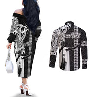 Custom Hawaii Molokai Island Couples Matching Off The Shoulder Long Sleeve Dress and Long Sleeve Button Shirts Hawaiian King and Kakau Symbols Abstract Shoulder Tattoo LT03 - Polynesian Pride