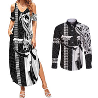 Custom Hawaii Molokai Island Couples Matching Summer Maxi Dress and Long Sleeve Button Shirts Hawaiian King and Kakau Symbols Abstract Shoulder Tattoo LT03 Black - Polynesian Pride