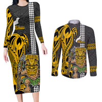 Hawaii Niihau Island Couples Matching Long Sleeve Bodycon Dress and Long Sleeve Button Shirts Hawaiian Warrior and Kakau Symbols Abstract Tattoo LT03 Yellow - Polynesian Pride