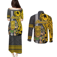 Hawaii Niihau Island Couples Matching Puletasi Dress and Long Sleeve Button Shirts Hawaiian Warrior and Kakau Symbols Abstract Tattoo LT03 - Polynesian Pride