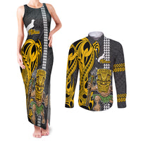 Hawaii Niihau Island Couples Matching Tank Maxi Dress and Long Sleeve Button Shirts Hawaiian Warrior and Kakau Symbols Abstract Tattoo LT03 Yellow - Polynesian Pride