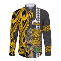 Custom Hawaii Niihau Island Long Sleeve Button Shirt Hawaiian Warrior and Kakau Symbols Abstract Tattoo LT03 Unisex Yellow - Polynesian Pride
