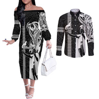 Hawaii Niihau Island Couples Matching Off The Shoulder Long Sleeve Dress and Long Sleeve Button Shirts Hawaiian King and Kakau Symbols Abstract Shoulder Tattoo LT03 Black - Polynesian Pride