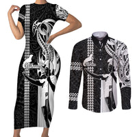 Hawaii Niihau Island Couples Matching Short Sleeve Bodycon Dress and Long Sleeve Button Shirts Hawaiian King and Kakau Symbols Abstract Shoulder Tattoo LT03 Black - Polynesian Pride