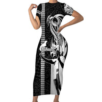 Custom Hawaii Niihau Island Short Sleeve Bodycon Dress Hawaiian King and Kakau Symbols Abstract Shoulder Tattoo LT03 Long Dress Black - Polynesian Pride