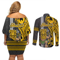 Hawaii Oahu Island Couples Matching Off Shoulder Short Dress and Long Sleeve Button Shirts Hawaiian Warrior and Kakau Symbols Abstract Tattoo LT03 - Polynesian Pride