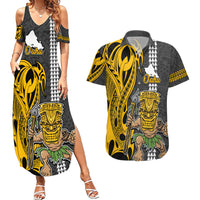 Hawaii Oahu Island Couples Matching Summer Maxi Dress and Hawaiian Shirt Hawaiian Warrior and Kakau Symbols Abstract Tattoo LT03 Yellow - Polynesian Pride