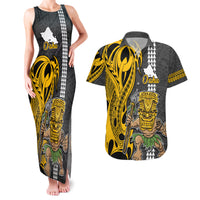 Hawaii Oahu Island Couples Matching Tank Maxi Dress and Hawaiian Shirt Hawaiian Warrior and Kakau Symbols Abstract Tattoo LT03 Yellow - Polynesian Pride