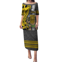 Custom Hawaii Oahu Island Puletasi Hawaiian Warrior and Kakau Symbols Abstract Tattoo LT03 Long Dress Yellow - Polynesian Pride