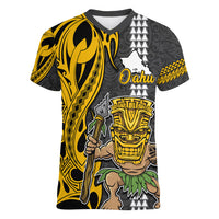 Custom Hawaii Oahu Island Women V Neck T Shirt Hawaiian Warrior and Kakau Symbols Abstract Tattoo LT03 Female Yellow - Polynesian Pride