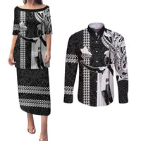 Hawaii Oahu Island Couples Matching Puletasi Dress and Long Sleeve Button Shirts Hawaiian King and Kakau Symbols Abstract Shoulder Tattoo LT03 Black - Polynesian Pride