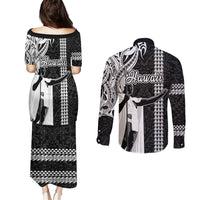 Hawaii Oahu Island Couples Matching Puletasi Dress and Long Sleeve Button Shirts Hawaiian King and Kakau Symbols Abstract Shoulder Tattoo LT03 - Polynesian Pride